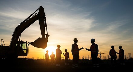 Construction Workers Meeting on Site at Sunset with Excavator Silhouette