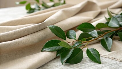 Shiny green leaves on beige linen fabric
