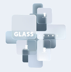 Transparent geometric squares and rectangles in liquid glass style. Abstract poster design.