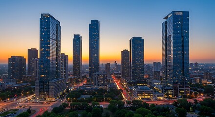 Obraz premium Stunning Sunrise Cityscape Modern Skyline at Dawn