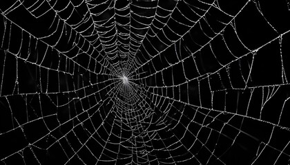 Fototapeta premium A detailed, symmetrical spider web stretches across a black backdrop, showcasing intricate design.