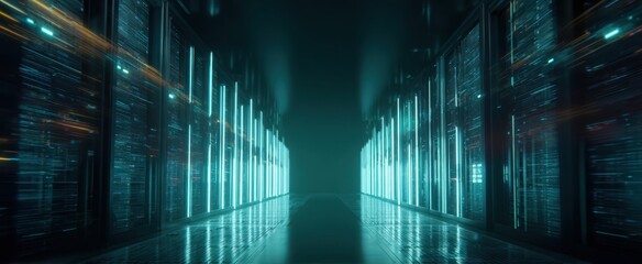 The futuristic data center hallway illuminated with glowing server racks.