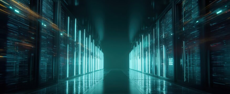 The futuristic data center hallway illuminated with glowing server racks.