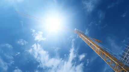 A tall construction crane reaching towards the bright sun in a clear blue sky. This image showcases the industrial theme and modern architecture. Perfect for construction projects. AI