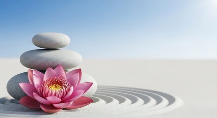 Stack of Stones with Pink Flower on Sand for Meditation