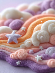  handcrafted felt artwork that creates a dreamy, whimsical, and serene aesthetic. It evokes imagery of a fantastical sky filled with clouds, stars, and rainbows.
