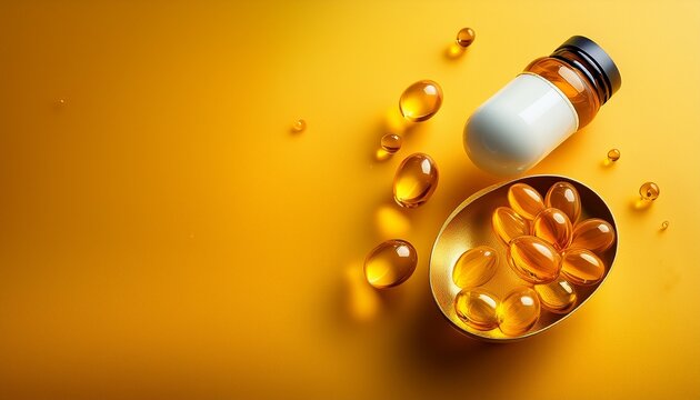 capsules in a shell with liquid vitamin d3 on a yellow background and a place for text