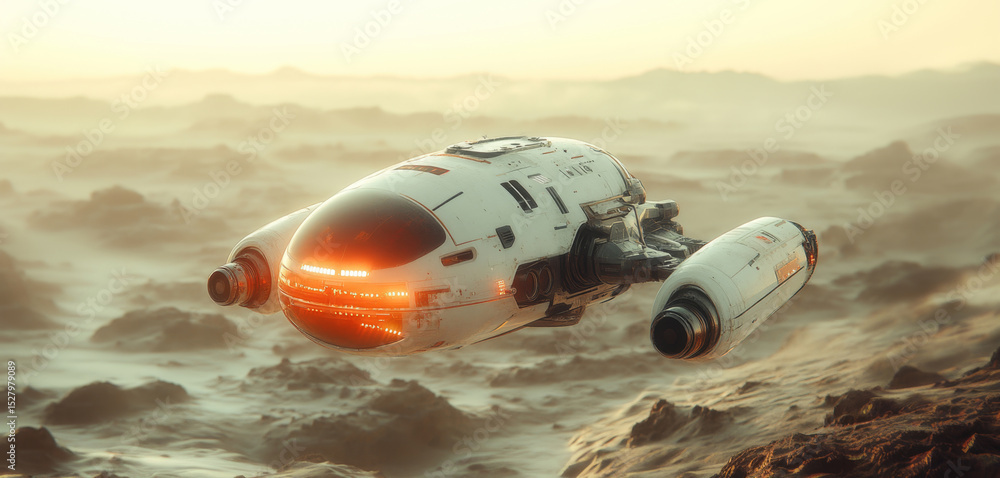 Poster a robotic vehicle glides above the rocky terrain of an unknown planet. it conducts an exploration mi