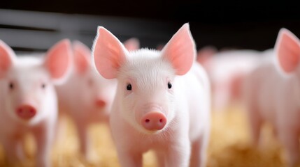 A group of cute pink piglets in a farm setting. They are playful and curious, showcasing their endearing features. This charming image captures the essence of farm life. AI
