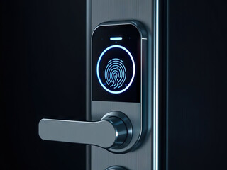 Modern smart door lock with glowing fingerprint scanner, showcasing advanced security technology and sleek design