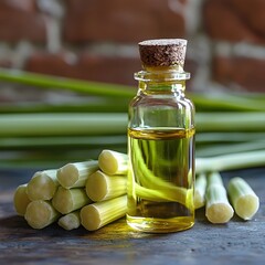 "Garlic Oil Bottle and Fresh Garlic Bulbs on Vintage Background"