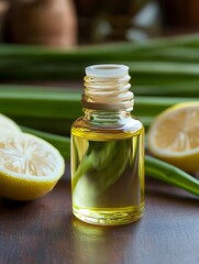 "Lemon Essential Oil Bottle with Fresh Lemons"