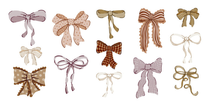 Chocolate brown beige gold coquette Bow knots gift bows collection. bow set. Wedding, party, gift