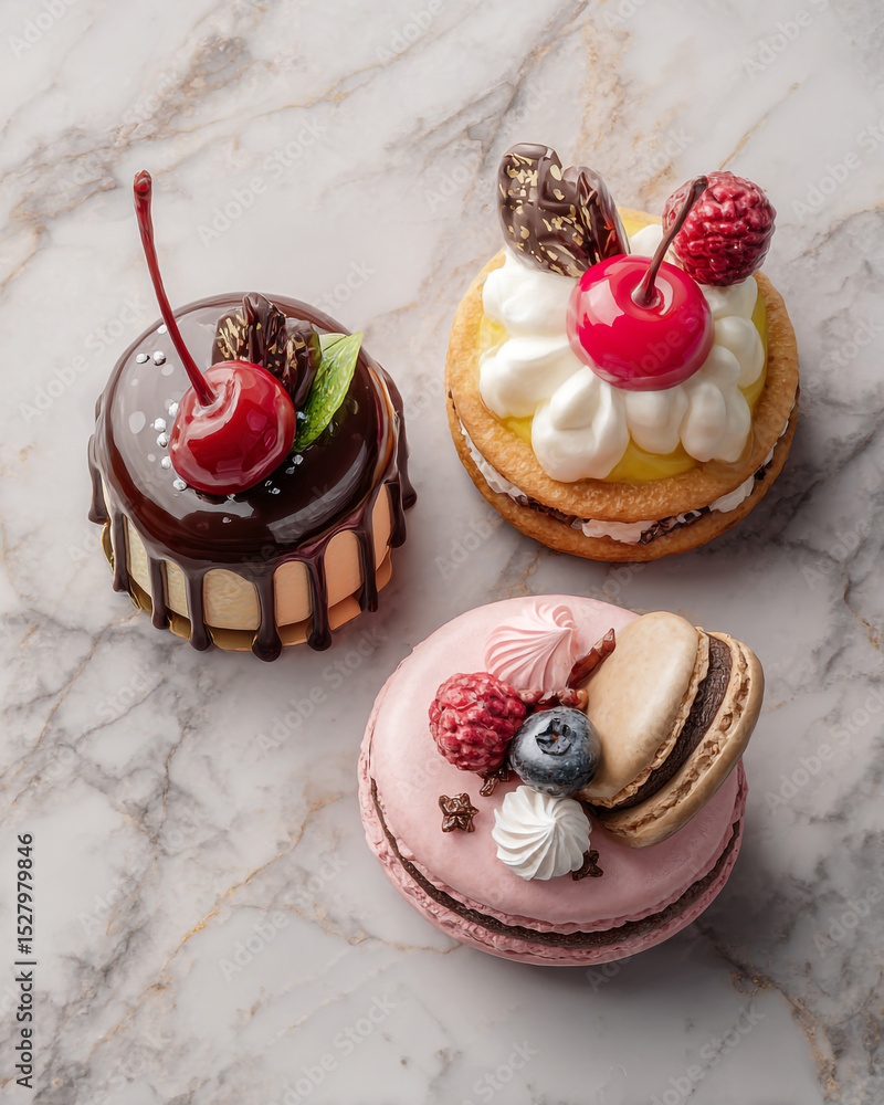 Poster close up shot of three small cakes with different toppings on a marble surface from a high angle vie