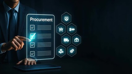 Businessman pointing glowing holographic procurement checklist in modern low light office, managing procurement tasks with digital tools, procurement management, supply chain, procure protect - Powered by Adobe
