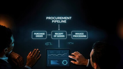 Futuristic command center workspace with holographic procurement pipeline, monitoring supply chain progress, managing procurement flow, procurement management, supply chain, procure protect