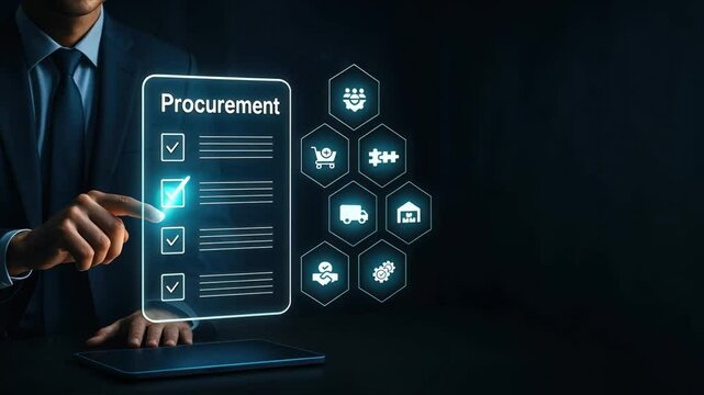 Businessman pointing glowing holographic procurement checklist in modern low light office, managing procurement tasks with digital tools, procurement management, supply chain, procure protect