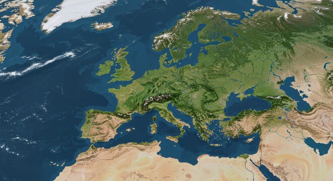 Satellite view of Europe displaying landmasses, water bodies, and geographic features