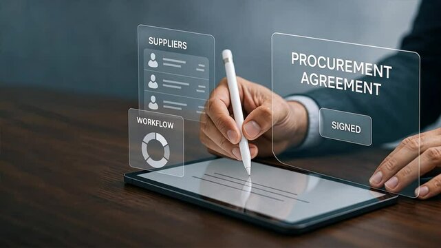 Hand pointing on tablet with pen and floating procurement icons, reviewing procurement data for supply chain control, procurement management, supply chain, procure protect
