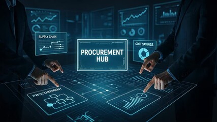 Two businessmen working in futuristic command center pointing at floating graphs and procurement workflows, collaborating on supply chain and procurement management, procure protect - Powered by Adobe
