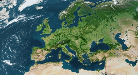 A realistic satellite view of Europe with rich detail on land and sea surfaces