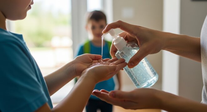 Hand sanitizer application for children home interior lifestyle image family environment close-up view health and safety awareness