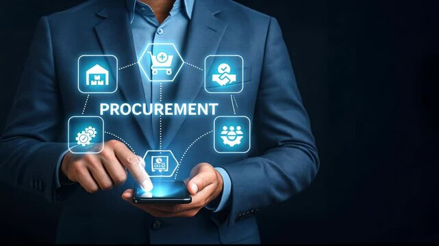 Businessman holding tablet with floating procurement icons, interacting with supply chain and procurement management tools, procure protect