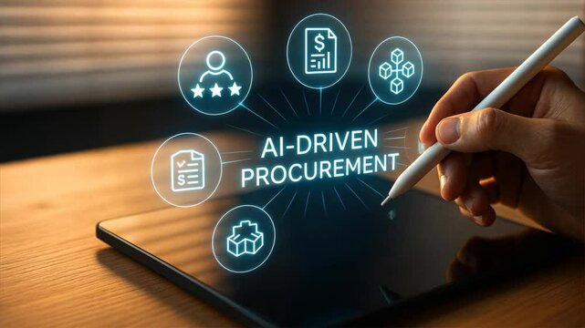 Hand holding digital pen above glossy black tablet screen with procurement management icons, interacting with supply chain data, procurement management, supply chain, procure protect