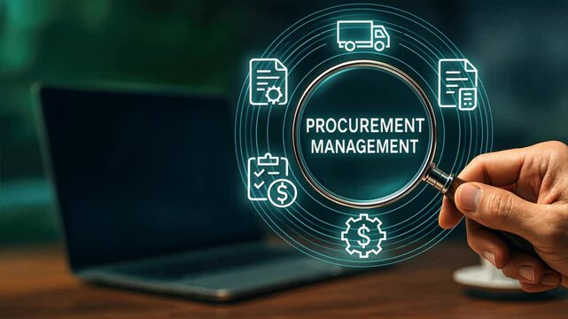 Businessman holding magnifying glass over 3D procurement management icons, inspecting supply chain details, procurement management, supply chain, procure protect
