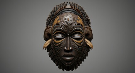 Majestic African tribal mask with intricate carvings, feathers, and a solemn expression on a neutral grey background.