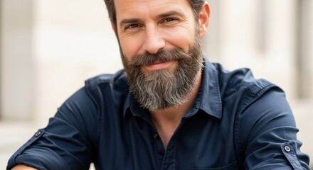 Smiling mature man with beard wearing blue shirt close-up portrait