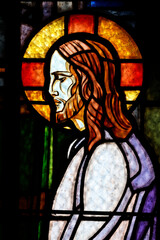 Saint-Etienne du Pont Neuf church. Stained glass. Christ in his passion. Annecy. France.