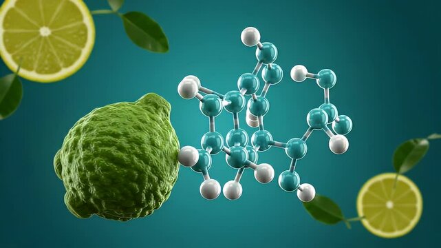 Chemical Molecule with Citrus Fruits and Green Leaves on Teal Background Represents Organic Chemistry and Scientific Illustration for Adobe Stock Photo