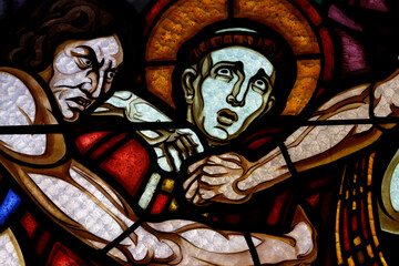 Saint-Etienne du Pont Neuf church. Stained glass. The martyrdom of Saint Stephen. Annecy. France.