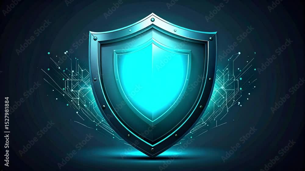 Poster cybersecurity shield: a glowing, futuristic shield symbolizes digital protection and data security, 