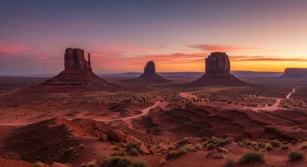 Iconic desert buttes stand beneath a colorful sunrise over a vast and open landscape