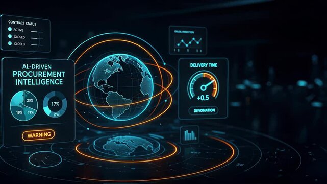 Meter showing delivery time deviations with multiple panels floating around central globe, tracking supply chain delays, procurement management, supply chain, procure protect