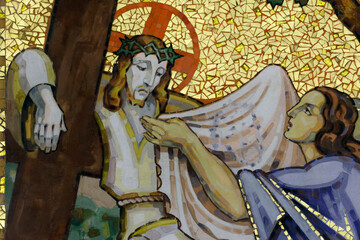 Way of the cross. 6th Station: Veronica wipes the face of Jesus. Annecy. France.