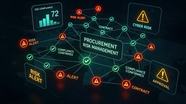 Digital visualization of procurement risk management stages showing supplier data, monitoring supply chain risks, procurement management, supply chain, procure protect