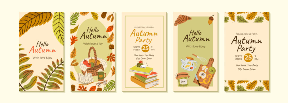 Autumn design backgrounds for social media banner with sweater, umbrella, boots, basket, kettle. Set of instagram stories frame templates.Mockup for personal blog or shop Layout for promotion.
