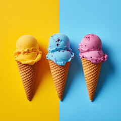 Gelato artigianale colorato servito in cono croccante.