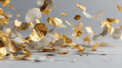 Gold and silver petals falling. Abstract background.