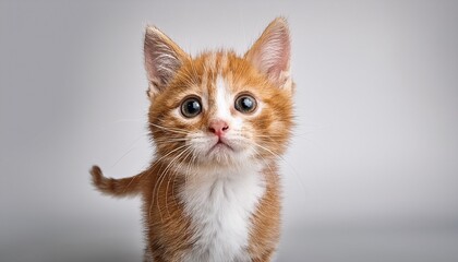 adorable ginger and white kitten standing on light gray background looking curious minimalist style perfect for pet themed designs and marketing