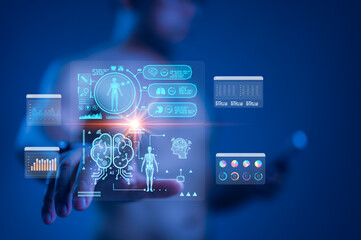 Advanced Blue Med Tech Interface Holographic Medical Display Visualizing Brain Data And Health Monitoring Technology