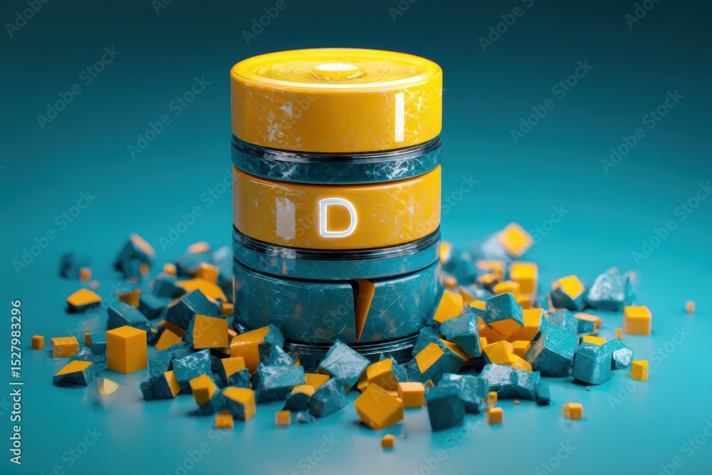 Aufkleber Broken Database Icon Surrounded by Error Fragments on a Clean Blue Background With a Yellow Accent in the Upper Third Section of the Design