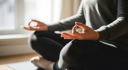 Woman Meditating Indoors in Lotus Position Near Window