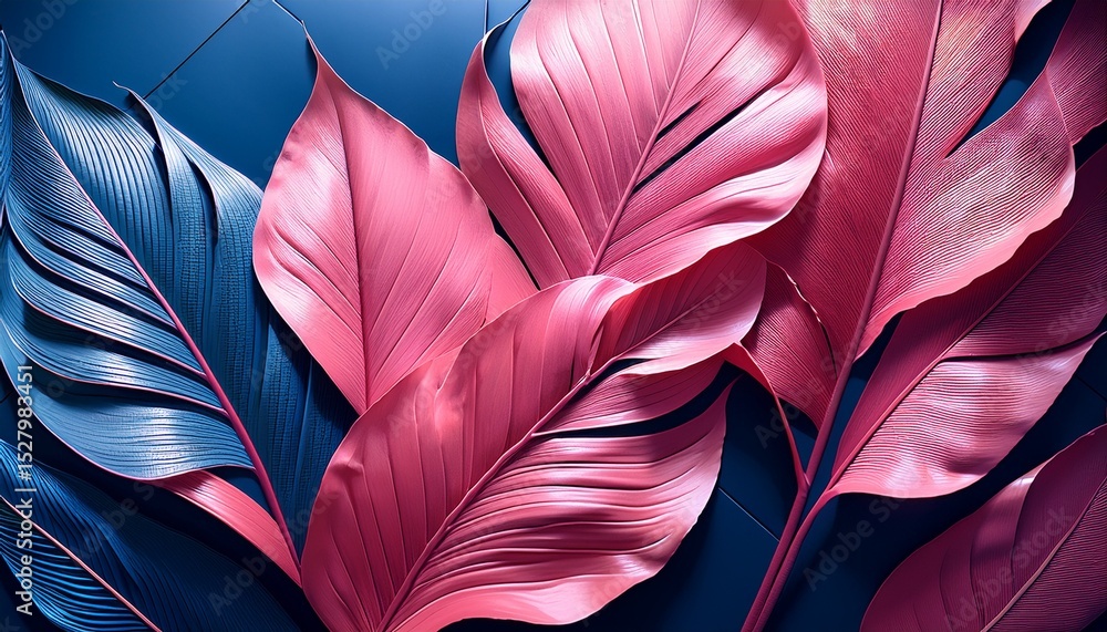 Poster a vibrant artwork featuring large pink leaves against a deep blue background the bold design showcas