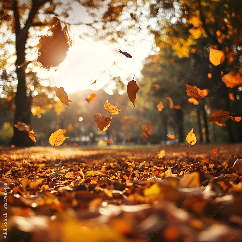 Poster a scenic view of leaves falling from a tree in autumn adding color to the natural landscape