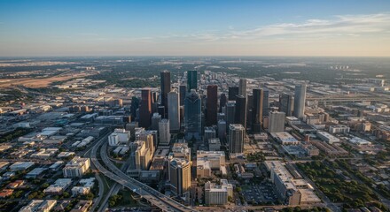 Fototapeta premium Skyline view of urban metropolis; skyscrapers, highways, and nature mix for dynamic scene