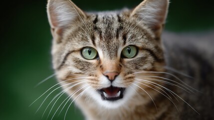 A close-up of a curious cat with vibrant green eyes. This portrait captures the essence of a playful feline. The natural background highlights its features. Perfect for animal lovers. AI
